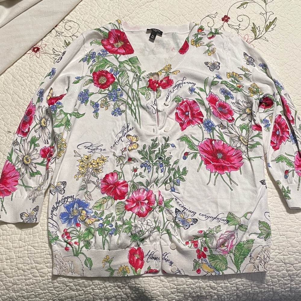 Talbots Floral Print Cardigan - White and Pink